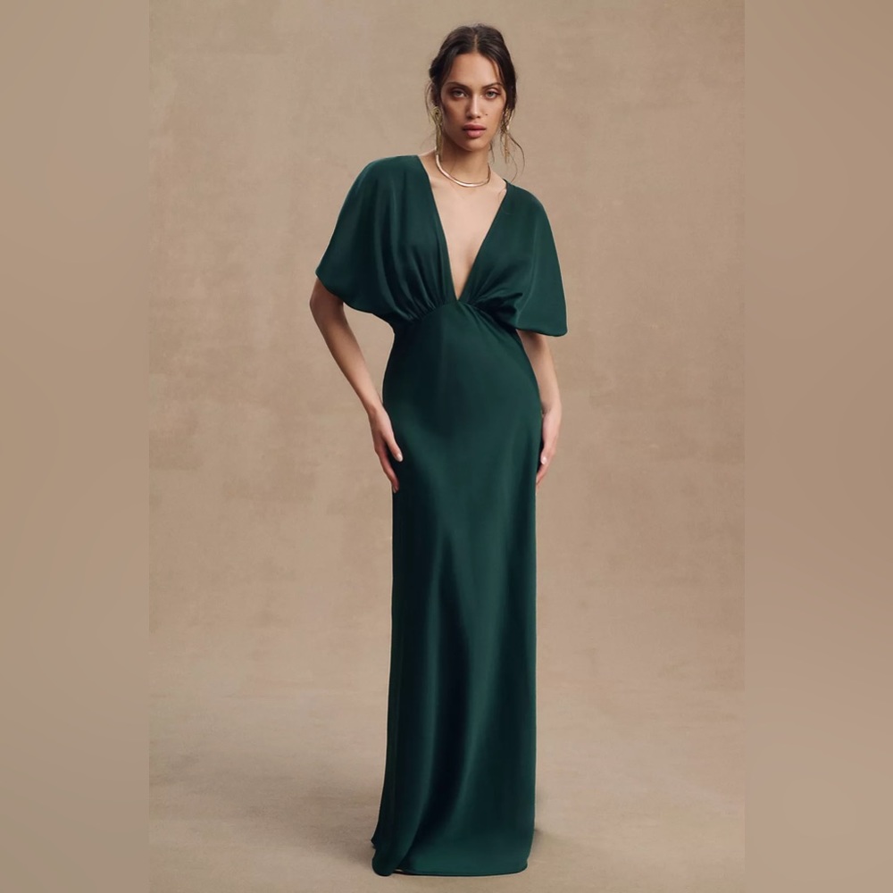 BHLDN Leila Deep-V Flutter-Sleeve Satin A-Line Gown Dark Emrald sz 4